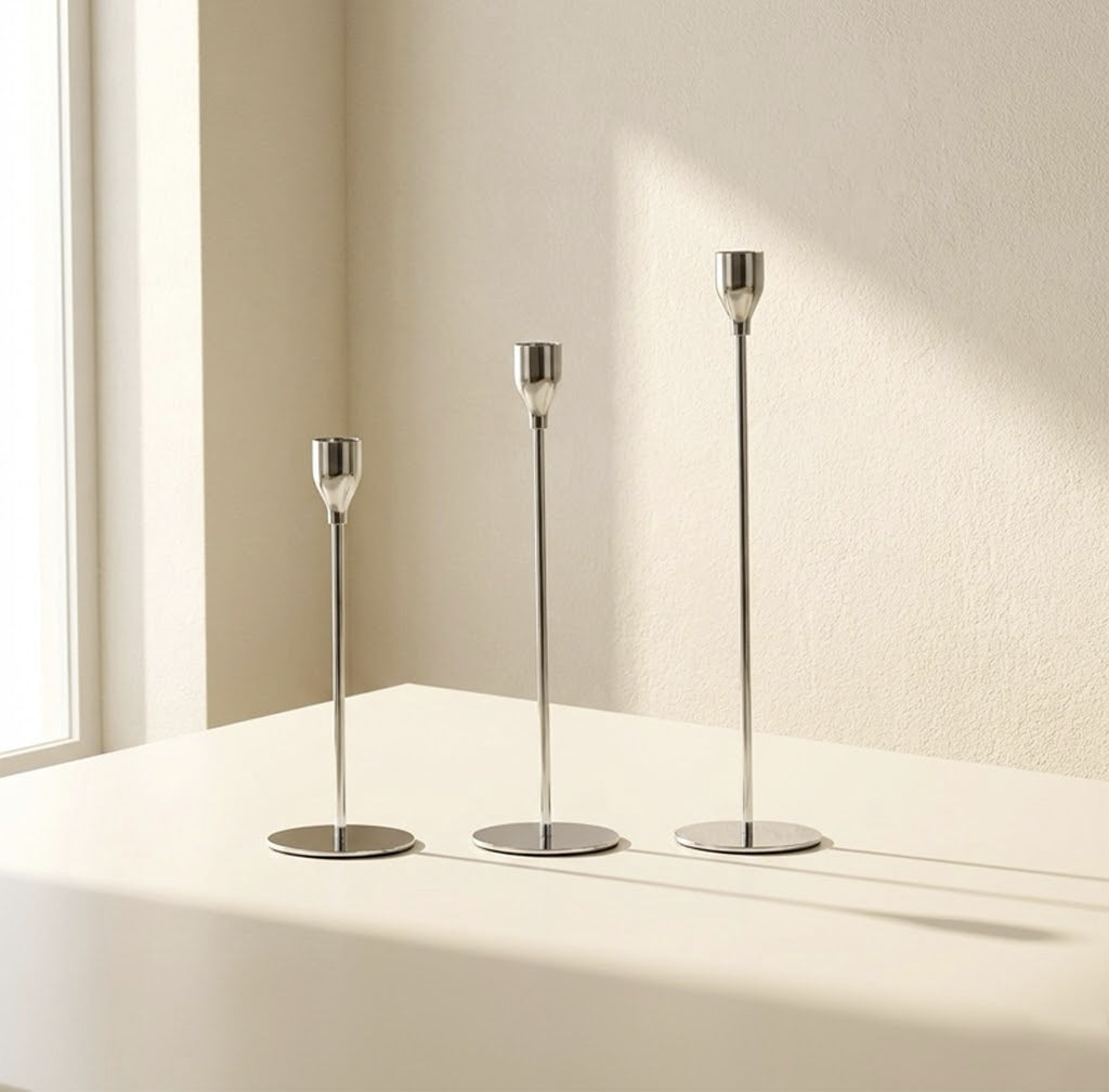 Modern Plated Iron Candle Holder 3-Piece Set – Silver