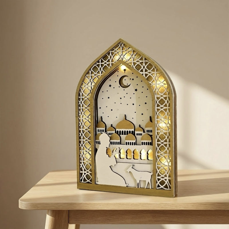 Ramadan Night Light – LED Wooden Mosque Arch (Golden Dome)