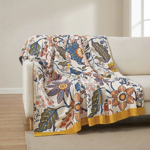 Boho Floral Medallion Cotton Throw Blanket – Mustard & Cream
