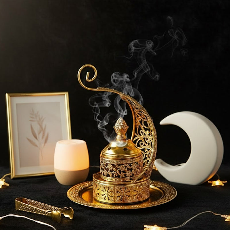 Arabic Crescent Metal Incense Burner with Tongs