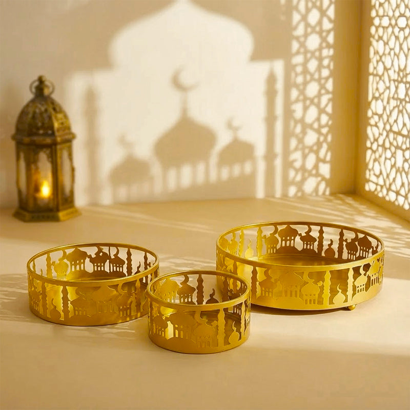 Set of 3 Gold Metal Eid Mubarak Food Tray Storage Containers