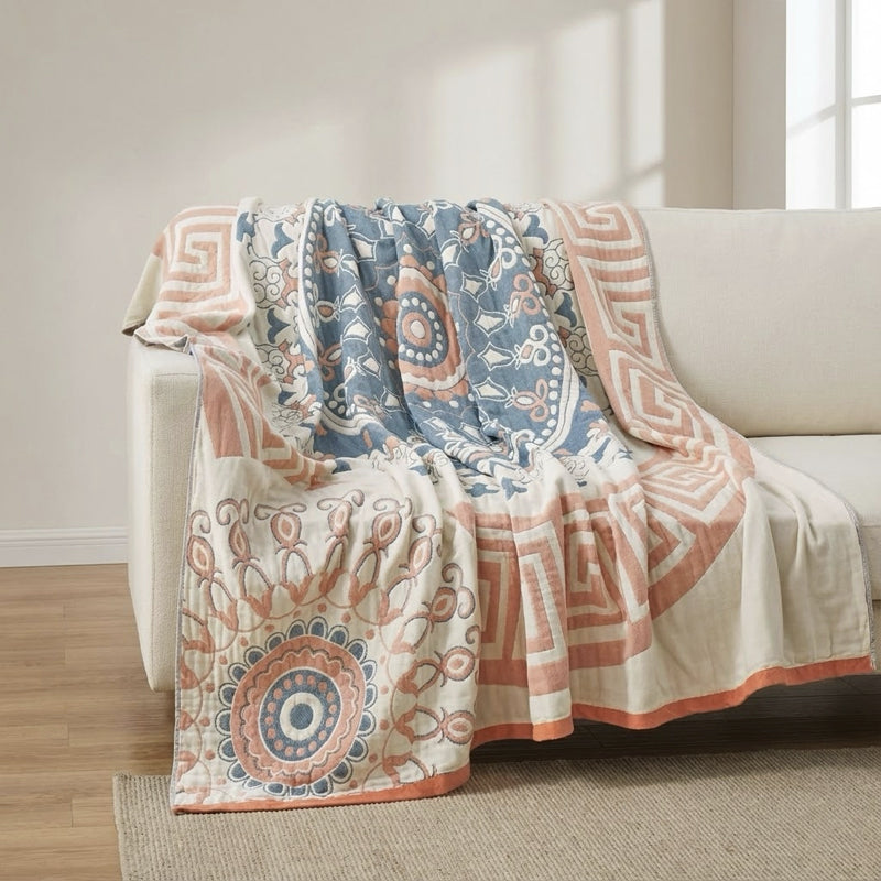 Boho Cotton Jacquard Throw Blanket – Coral & Blue Mist