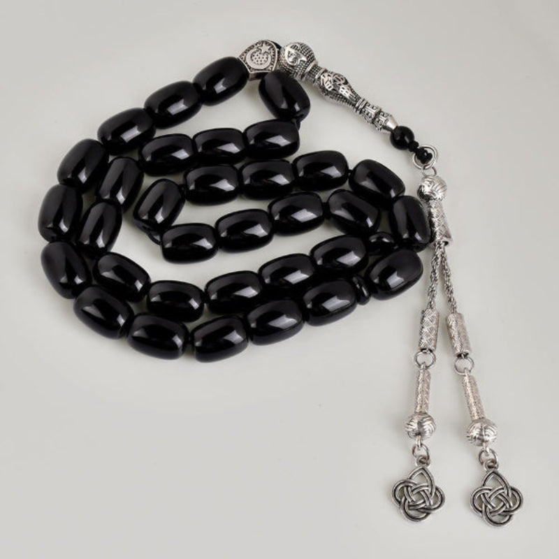 Black Onyx Tasbih – 33 Prayer Beads with Silver Tassel