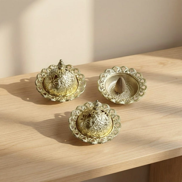 Ornate Dome Metal Cone Incense Holder with Lid