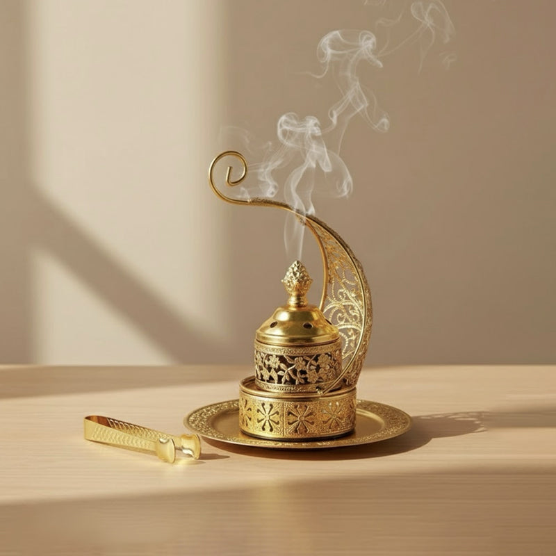 Arabic Crescent Metal Incense Burner with Tongs