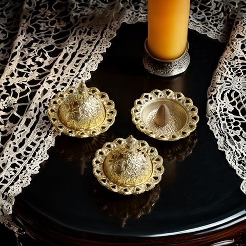 Ornate Dome Metal Cone Incense Holder with Lid