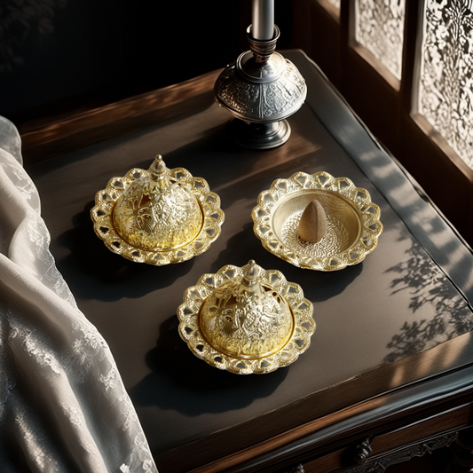 Ornate Dome Metal Cone Incense Holder with Lid