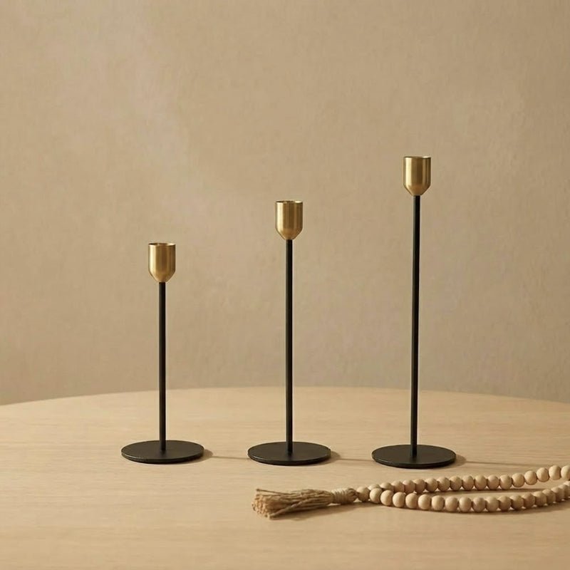 Modern Plated Iron Candle Holder 3-Piece Set – Black & Gold