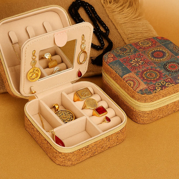 Cork Travel Jewelry Box with Mirror – Patchwork Design