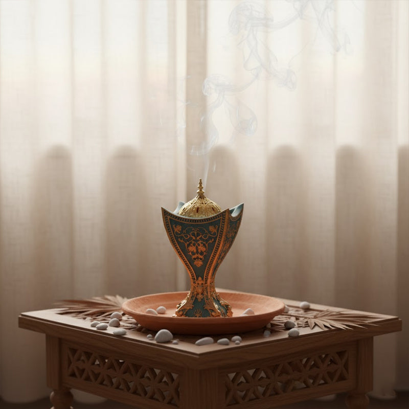 Moroccan-Style Elegant Mini Incense Burner – Teal & Gold