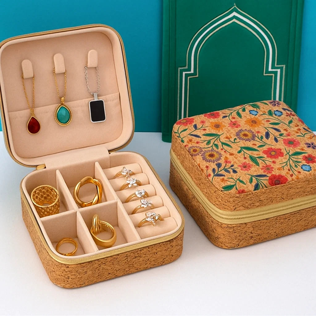 Cork Travel Jewelry Box with Zipper – Floral Design