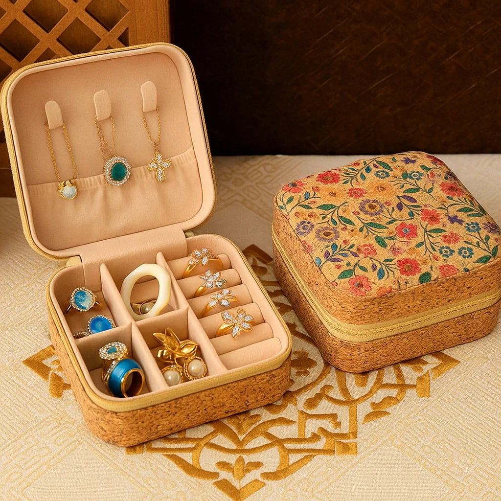 Cork Travel Jewelry Box with Zipper – Floral Design