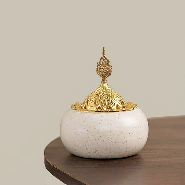 Moroccan Ceramic Incense Burner – Ivory White & Gold