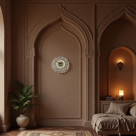 Arabic Calligraphy Wall Clock – White Mandala Design