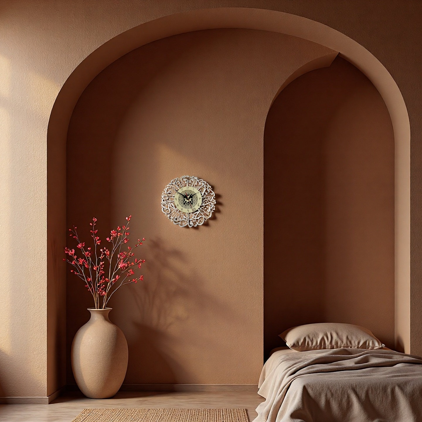 Arabic Calligraphy Wall Clock – White Mandala Design