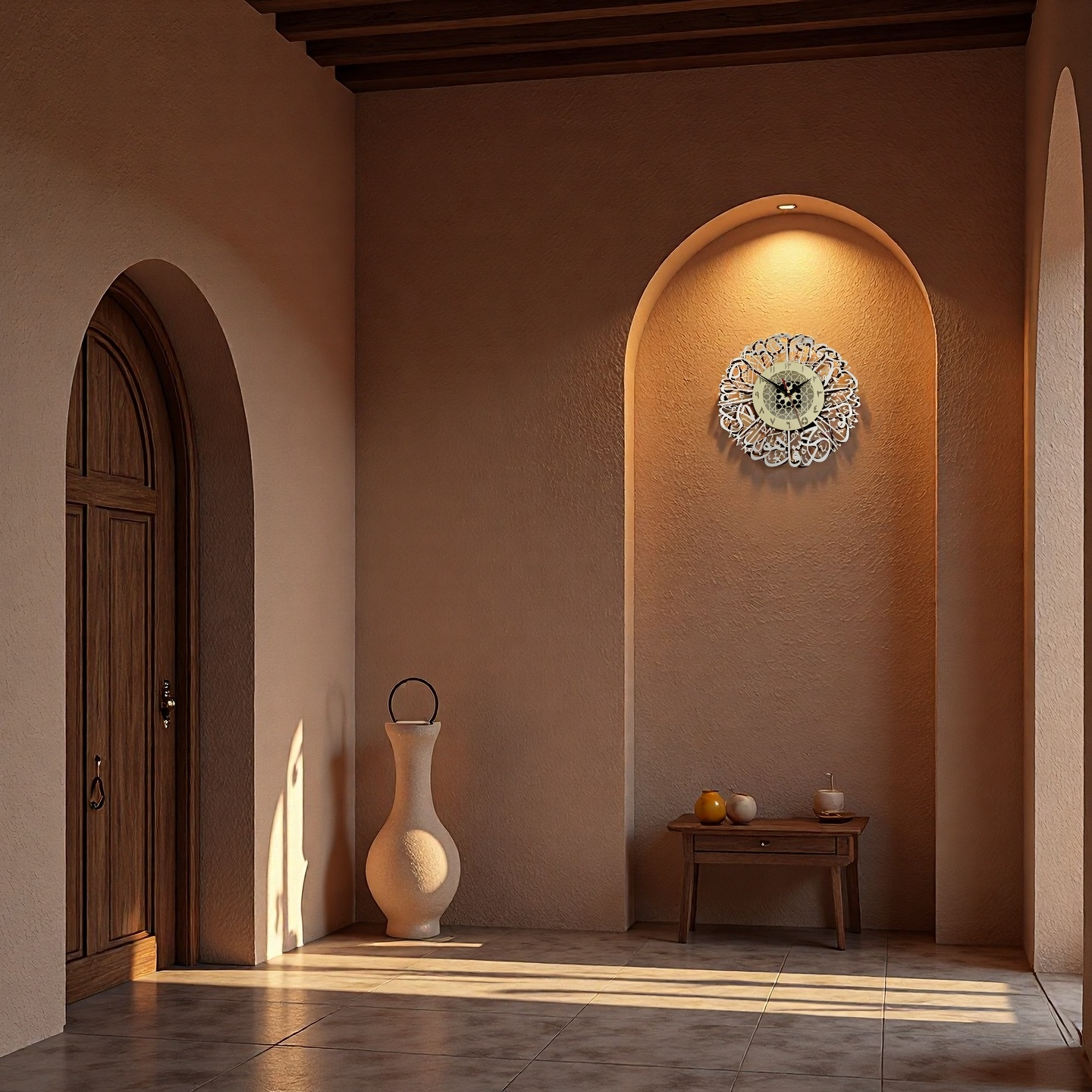 Arabic Calligraphy Wall Clock – White Mandala Design