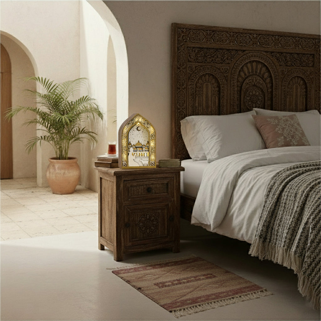 Ramadan Night Light – LED Wooden Mosque Arch (Golden Dome)