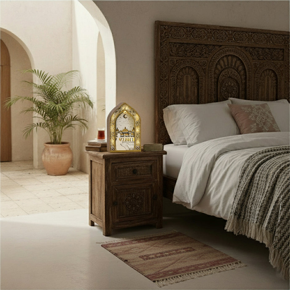 Ramadan Night Light – LED Wooden Mosque Arch (Golden Dome)