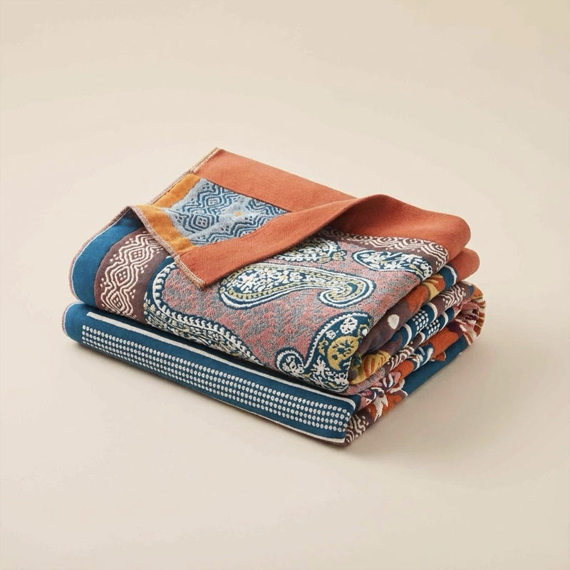 Boho Paisley Cotton Throw Blanket – Rust & Teal