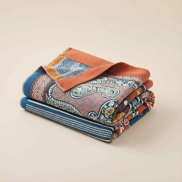 Boho Paisley Cotton Throw Blanket – Rust & Teal