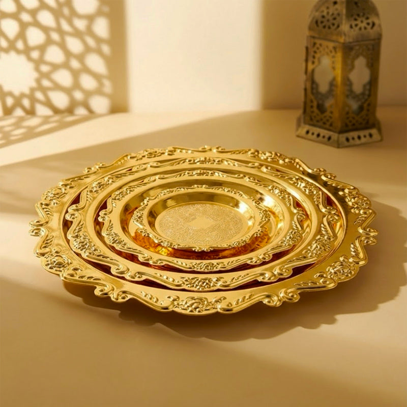 4-Piece Round Gold Tray Set – Moroccan Style Serving