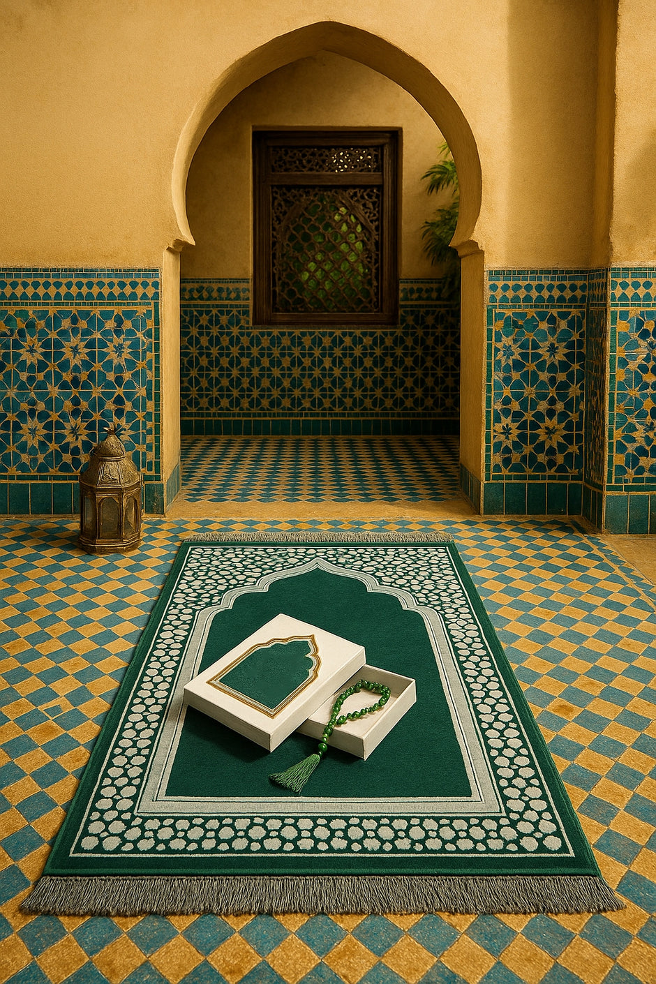 Emerald Green Prayer Mat & Tasbih 2-Piece Set
