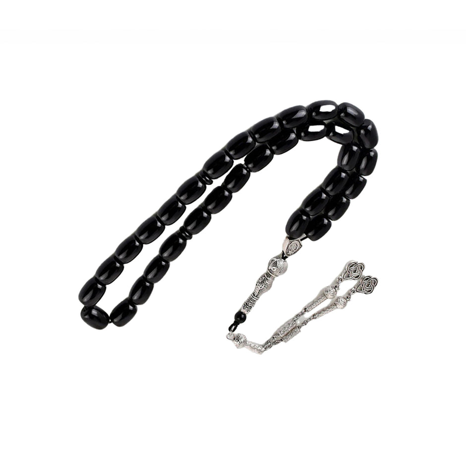 Black Onyx Tasbih – 33 Prayer Beads with Silver Tassel