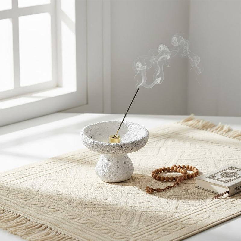 Lava Texture Incense Holder with Brass Insert - White