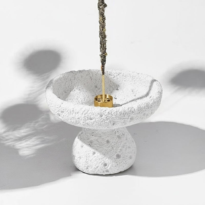 Lava Texture Incense Holder with Brass Insert - White