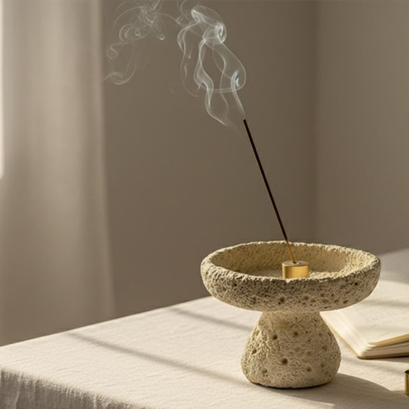 Lava Texture Incense Holder with Brass Insert - Beige
