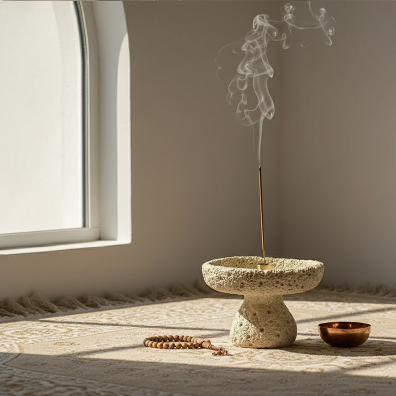 Lava Texture Incense Holder with Brass Insert - Beige