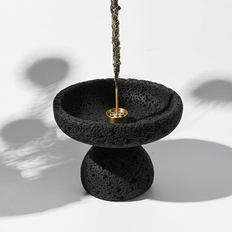 Lava Texture Incense Holder with Brass Insert - Black