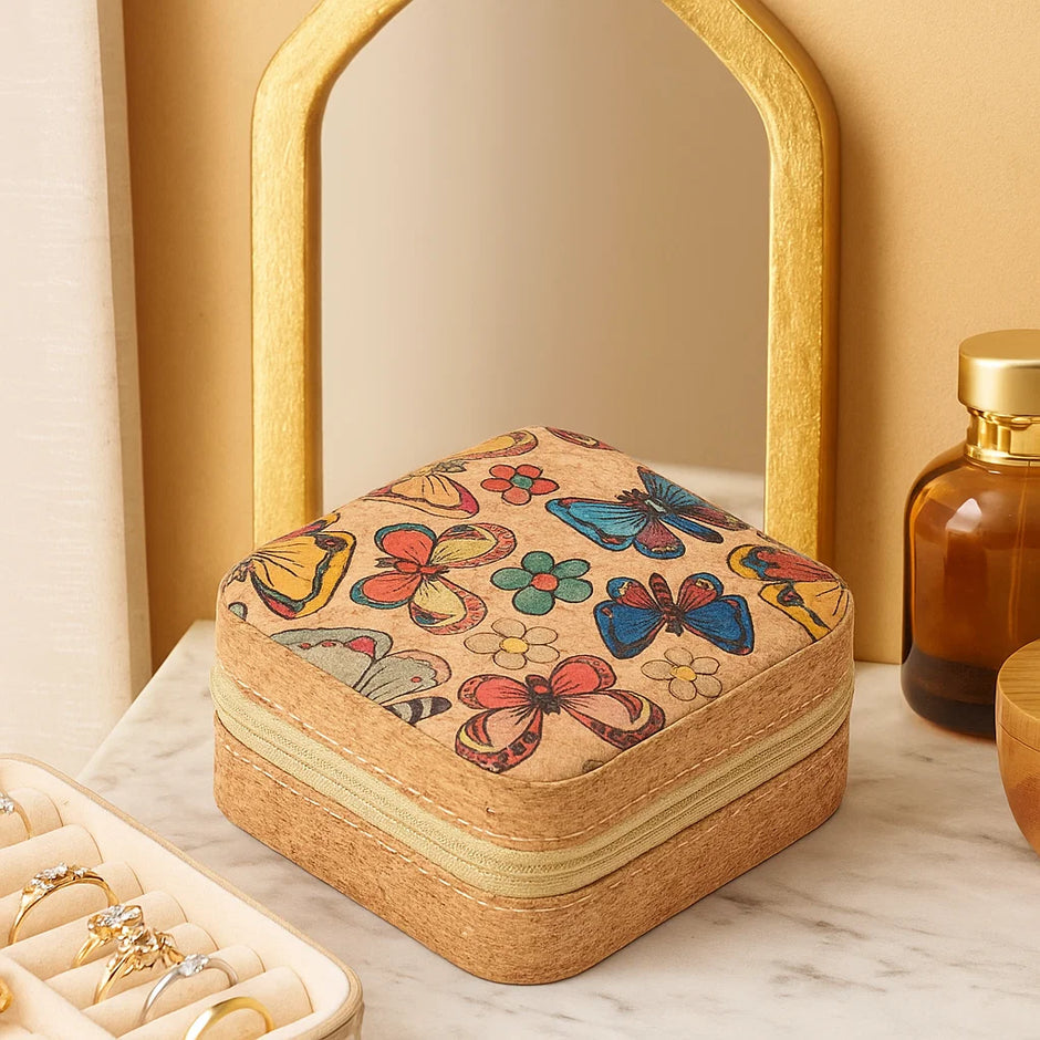 Cork Travel Jewelry Box with Zipper – Butterfly Design