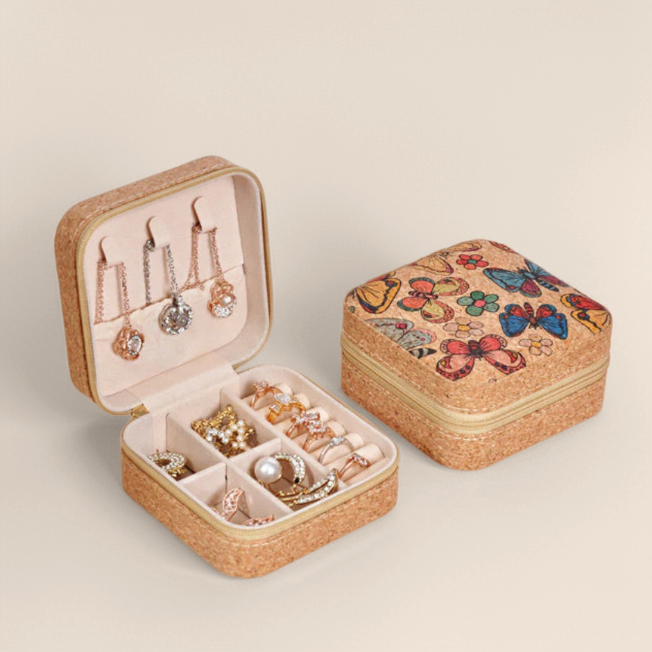 Cork Travel Jewelry Box with Zipper – Butterfly Design