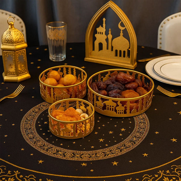 Set of 3 Gold Metal Eid Mubarak Food Tray Storage Containers