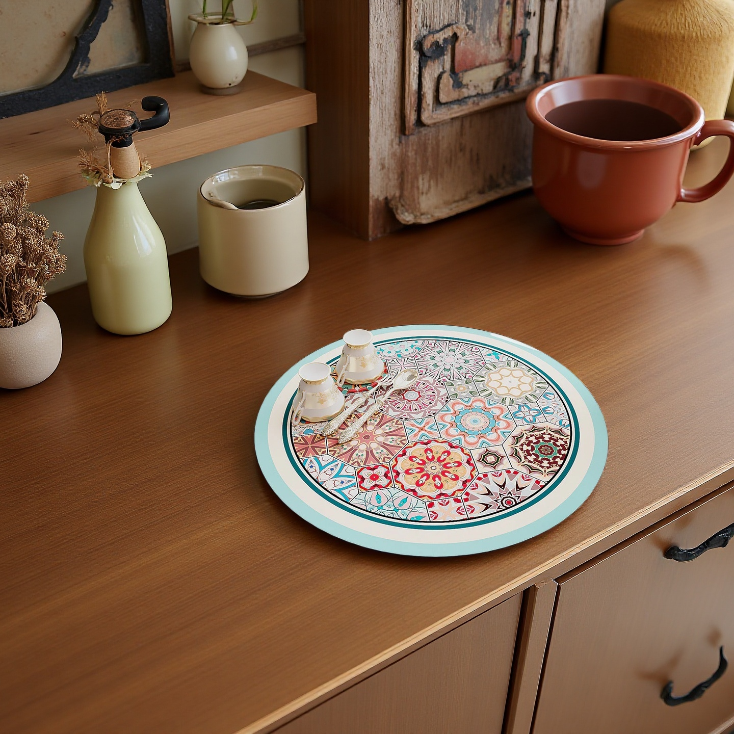 Moroccan Mosaic Trivet Mat – Floral Blue & Red