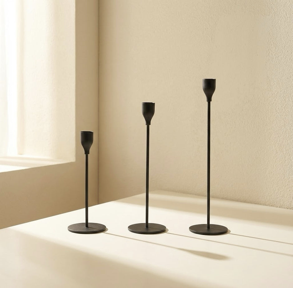 Modern Plated Iron Candle Holder 3-Piece Set – Black