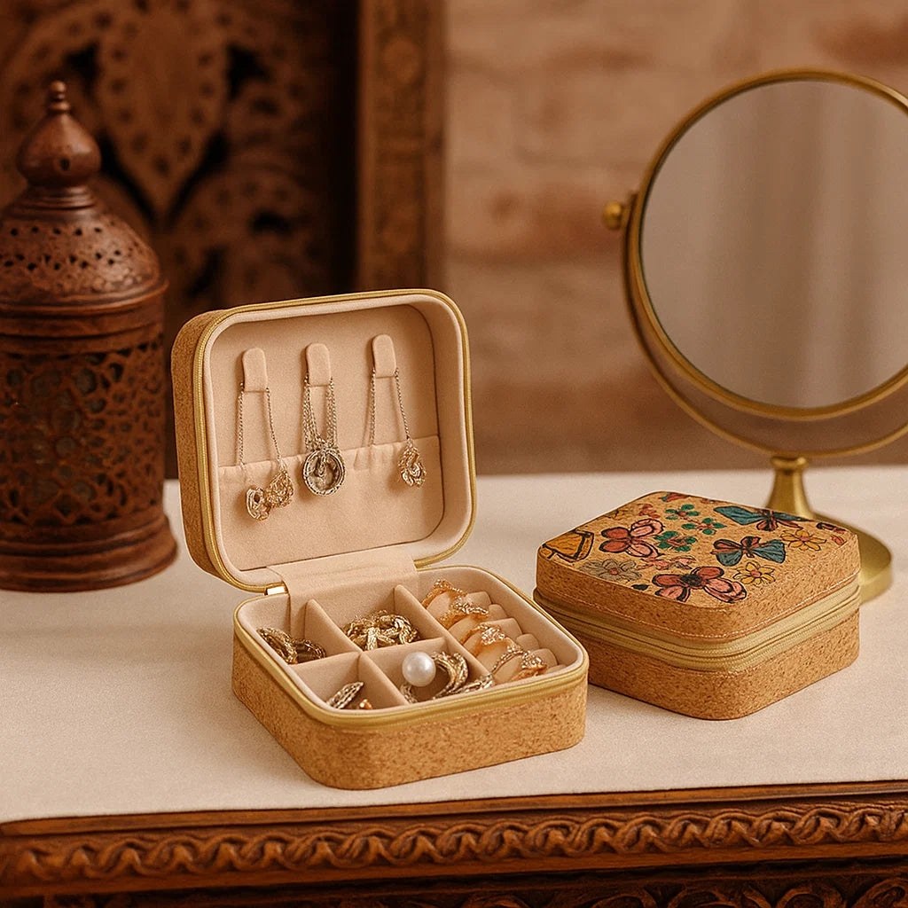 Cork Travel Jewelry Box with Zipper – Butterfly Design