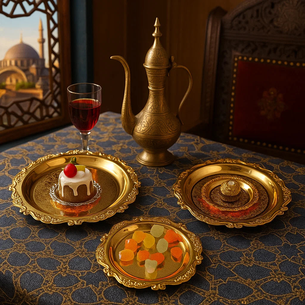 4-Piece Round Gold Tray Set – Moroccan Style Serving
