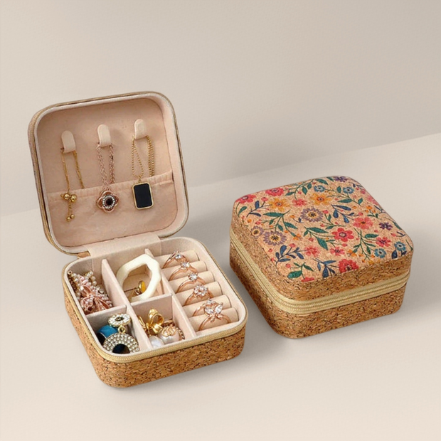 Cork Travel Jewelry Box with Zipper – Floral Design