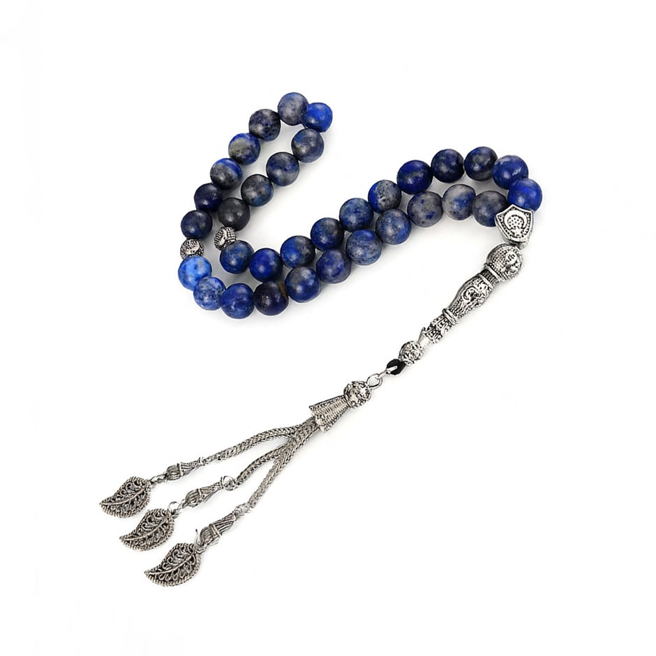 Lapis Lazuli Muslim Prayer Beads – Silver Leaf Tassel Tasbih