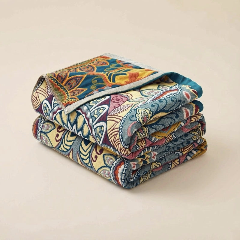 Boho Floral Medallion Cotton Throw Blanket – Teal & Amber