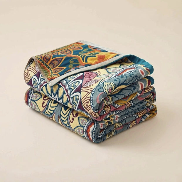 Boho Floral Medallion Cotton Throw Blanket – Teal & Amber