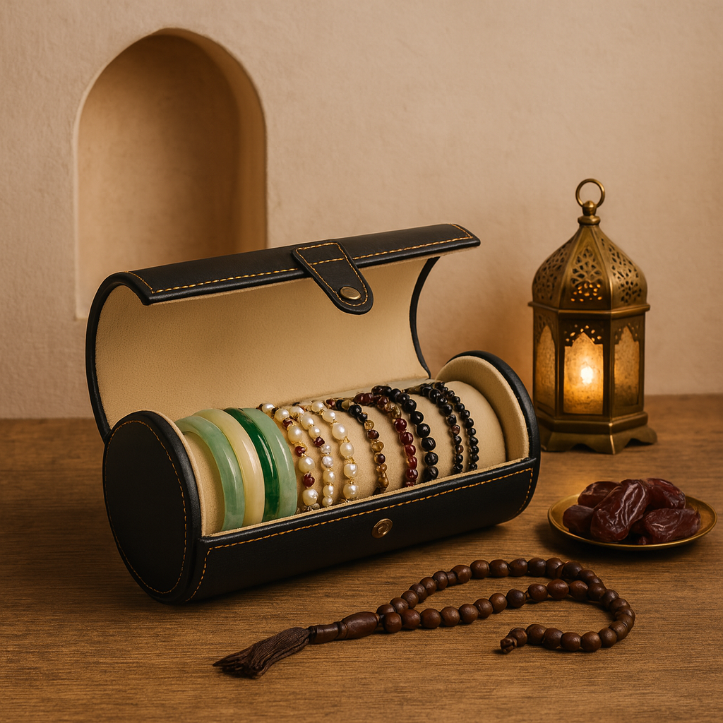 Tasbeeh Storage Box – Leather Cylinder Organizer (Black)