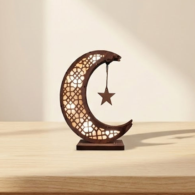 Islamic Crescent Moon LED Lamp Wooden Ramadan Decorative Light