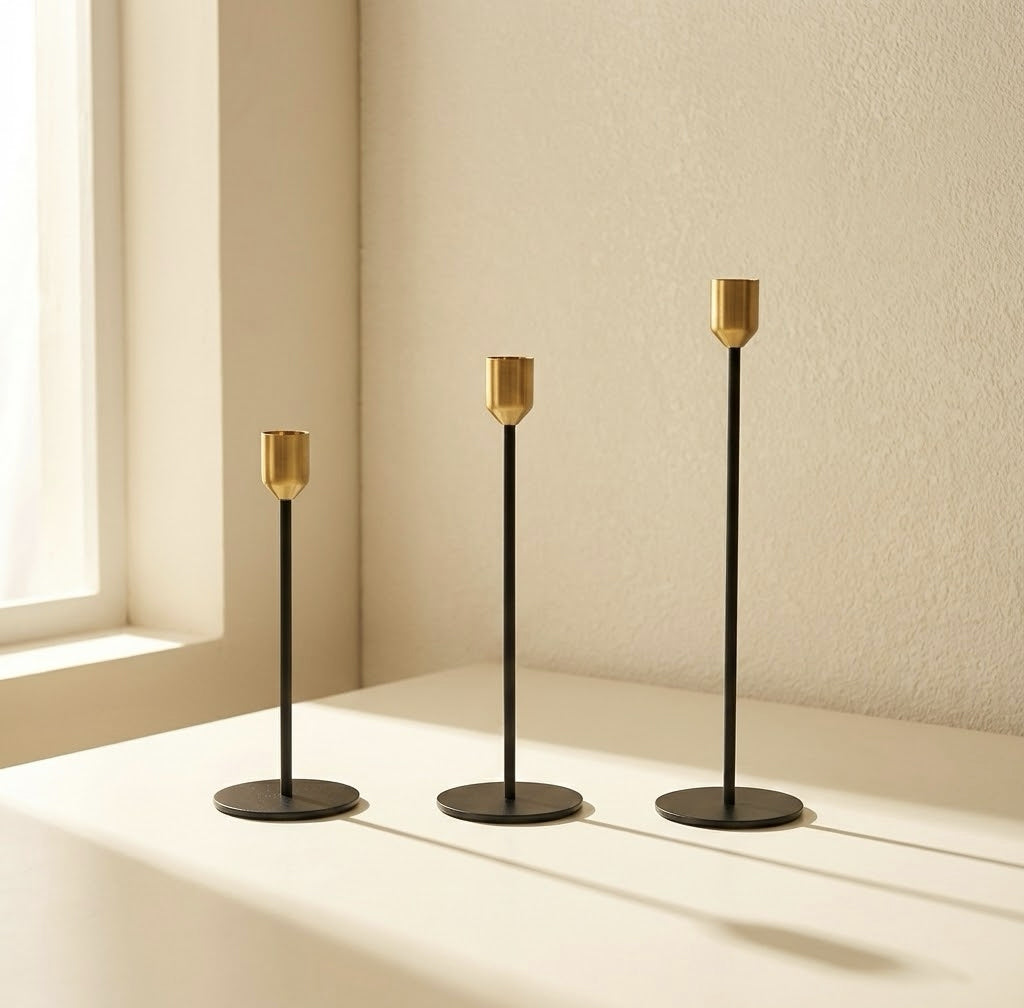 Modern Plated Iron Candle Holder 3-Piece Set – Black & Gold