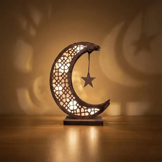 Islamic Crescent Moon LED Lamp Wooden Ramadan Decorative Light