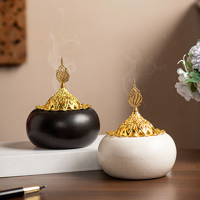 Moroccan Ceramic Incense Burner – Black & Gold