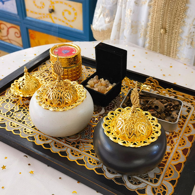 Moroccan Ceramic Incense Burner – Ivory White & Gold