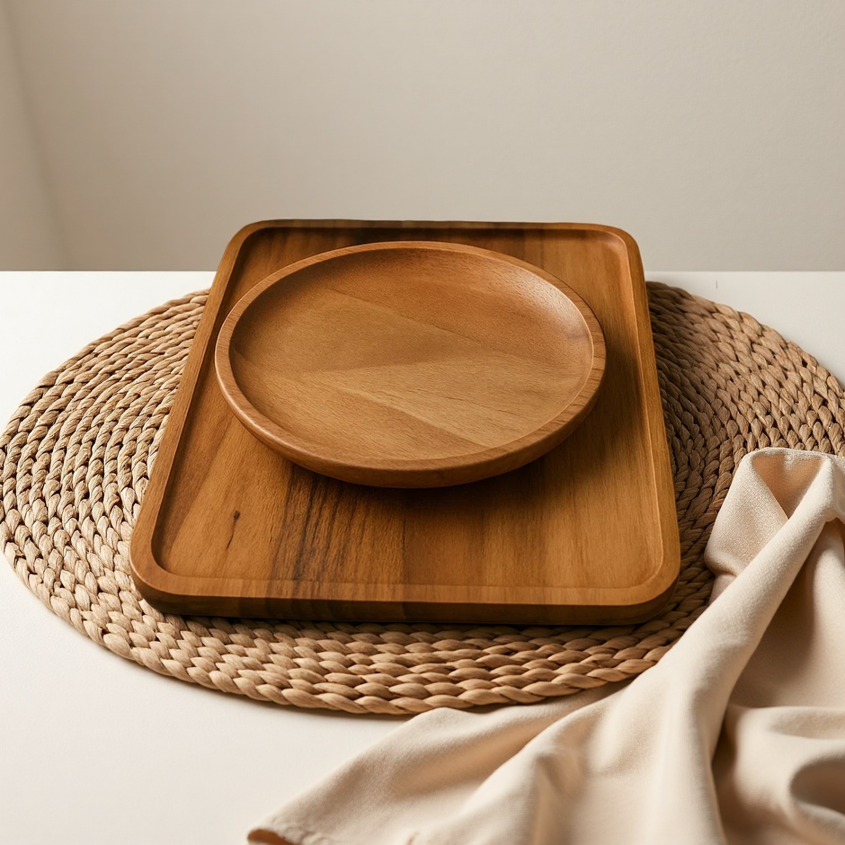 Natural Wooden Serving Tray Set – Round & Square